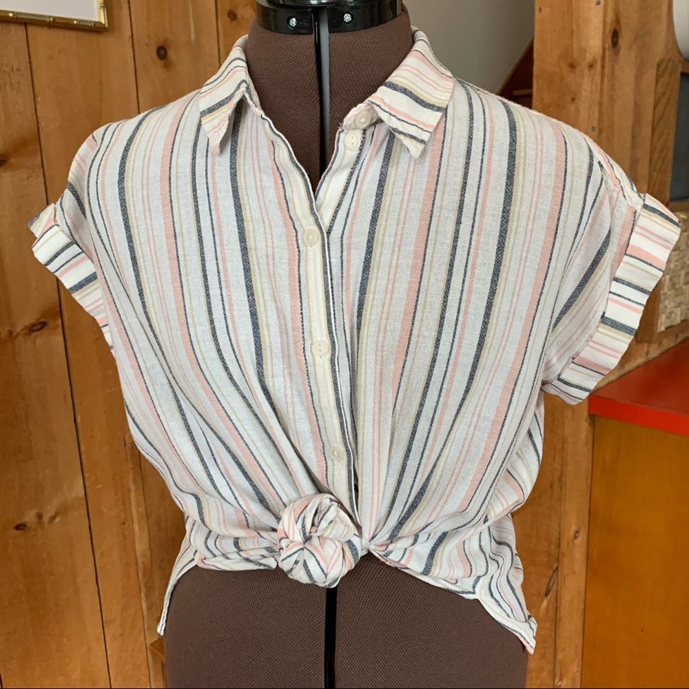 Beach Washed Striped Tie Button Up Blouse